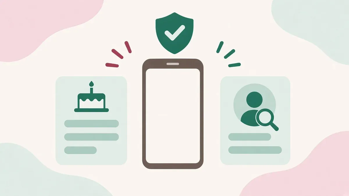 スマートフォンの両側に、ケーキの絵の付いたカードと、人型のアイコンを虫めがねで確かめるカードが並んだイラスト